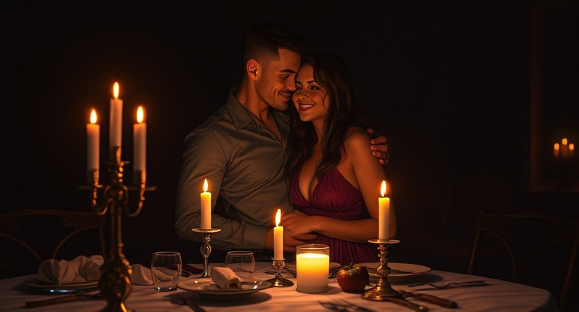 Two lovers standing beside a dining table, the remains of a romantic meal pushed aside, one partner gently pulling the other closer by the waist, the soft, flickering candlelight illuminating flushed faces and suggestive smiles, setting the stage for what comes next.