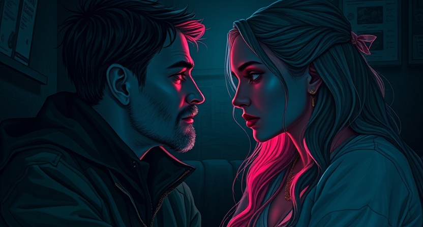 Two people having a deep, meaningful conversation in a cozy setting, maintaining eye contact, and expressing emotions through facial expressions and body language.