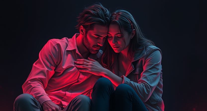 A couple sitting together, one gently comforting the other during an emotional moment, symbolizing trust, support, and emotional openness.