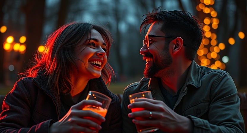 A couple enjoying a fun outdoor activity like a picnic in the park, laughing and being fully engaged with each other.