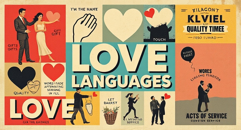 Various symbolic representations of the five love languages: gifts, touch, words of affirmation, quality time, and acts of service, visually represented in a creative collage.