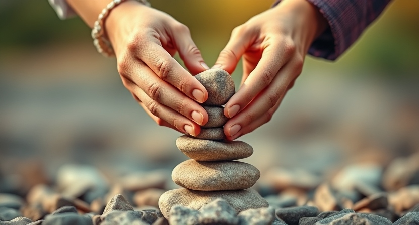 Two hands gently placing stones on a stack, symbolizing trust-building through small, consistent actions.
