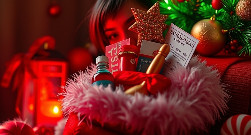 Festive still-life shot of a fluffy Christmas stocking overflowing with mini adult-friendly gifts (massage oil bottles, playful coupons, lingerie hints) in a cozy environment; warm holiday color scheme (reds, greens, golds); shallow depth of field focusing on the treats and the soft fabric of the stocking.