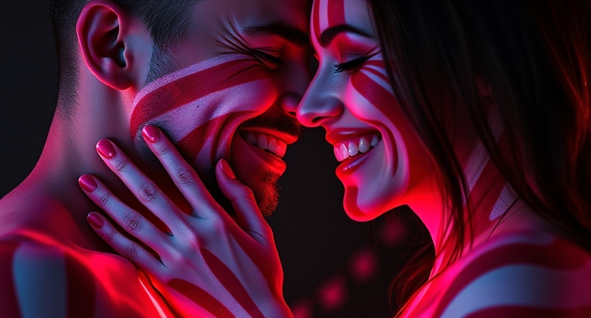 Close-up or medium shot of a playful couple painting each other with peppermint candy cane stripes using edible body paint; emphasis on laughter, bright red and white contrasting colors; minimal partial coverage but non-explicit framing; soft lighting to showcase glowing skin; fun, intimate vibe.