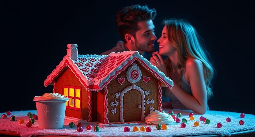 A playful scene of a half-built gingerbread house with an open container of frosting in the foreground; a couple stands nearby, maybe one playfully feeding the other icing; candy pieces scattered around; holiday baking vibe with a sexy, lighthearted twist; bright and colorful.