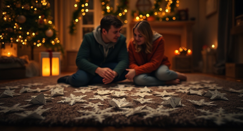 Festive setting with handmade paper snowflakes scattered on a cozy rug; each snowflake has small writing on it (blurred or semi-visible); a couple sits on the floor with playful body language, as though in the midst of a cheeky game; warm, intimate lighting that highlights the holiday ambiance