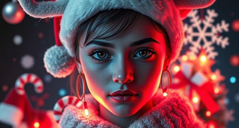A polished final scene featuring a collage or arrangement of small highlights from each of the ten ideas—Santa hats, candy canes, ornaments, gingerbread house elements, stockings, fairy lights, elf hat, snowflakes, and reindeer antlers—arranged in a festive composition; bright and cheerful color scheme with a dreamy glow; an inviting, celebratory mood