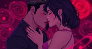 couple in a warm, intimate embrace, with subtle reds and purples swirling around them to symbolize passion