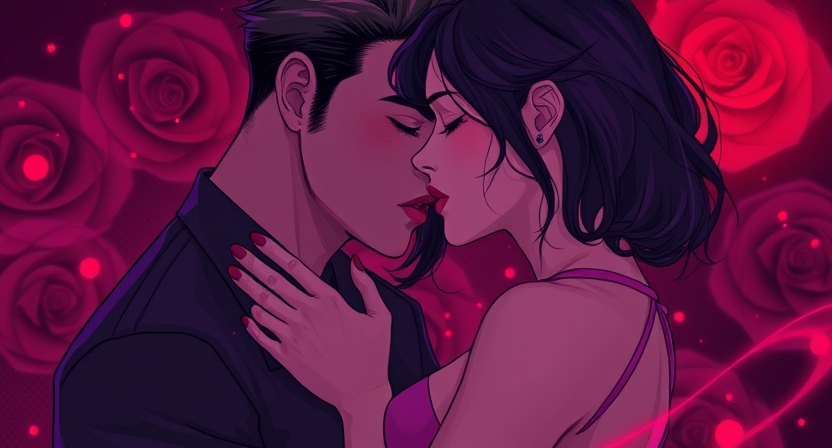 couple in a warm, intimate embrace, with subtle reds and purples swirling around them to symbolize passion