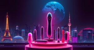 An artistic and empowering representation of the global sex toy industry's journey, featuring a futuristic, high-tech vibrator, dildos, and other innovative products displayed elegantly on a pedestal
